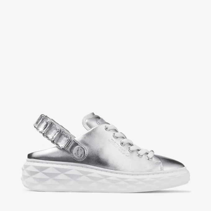 Diamond Sling Sneakers in pelle metallizzata argento con cinturino in cristallo