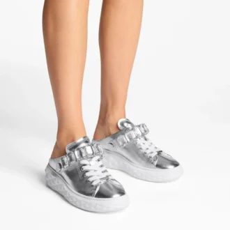 Diamond Sling Sneakers in pelle metallizzata argento con cinturino in cristallo