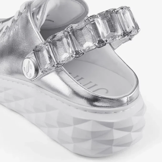Diamond Sling Sneakers in pelle metallizzata argento con cinturino in cristallo