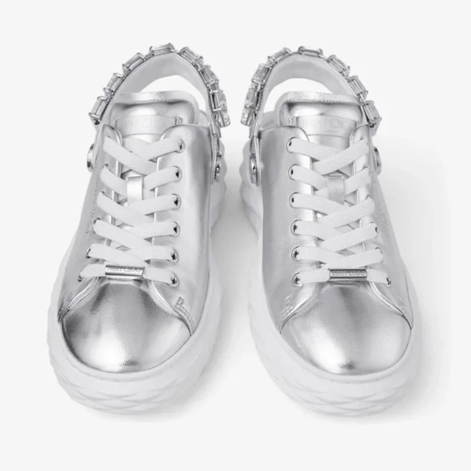 Diamond Sling Sneakers in pelle metallizzata argento con cinturino in cristallo