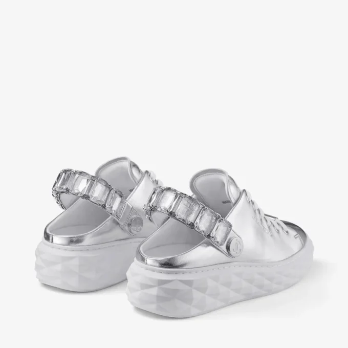 Diamond Sling Sneakers in pelle metallizzata argento con cinturino in cristallo