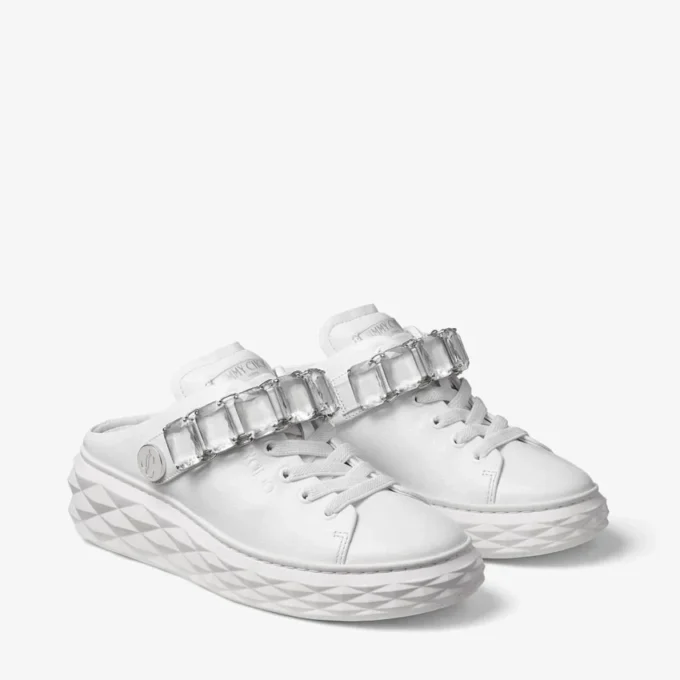 Diamond Sling Sneakers in pelle nappa bianca con cinturino in cristallo