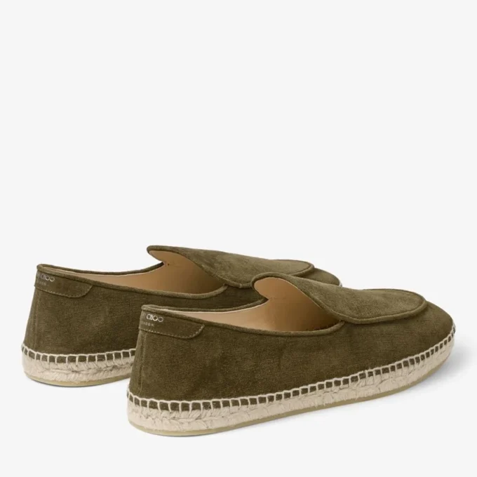 Espadrillas con lacci color vite in pelle scamosciata velour verde muschio con incisioni Espadrillas con lacci color vite in pelle scamosciata velour verde muschio con incisioni
