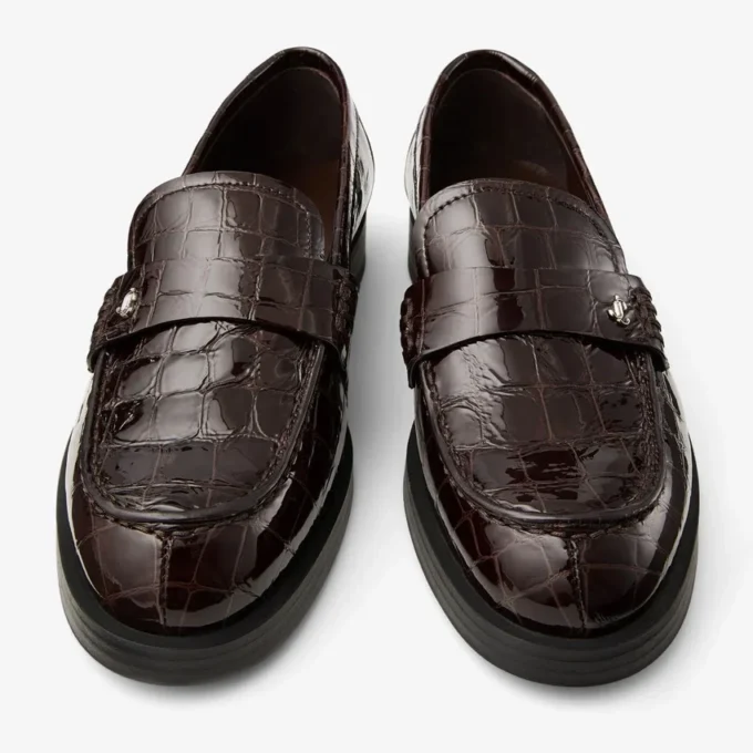 Ivy Loafer in pelle goffrata lucida effetto coccodrillo color sambuco