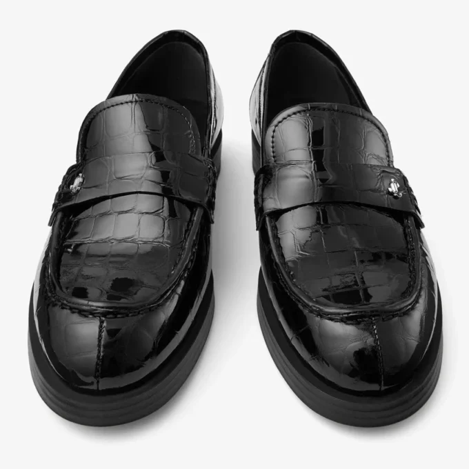 Ivy Loafer Mocassini in pelle nera goffrata effetto coccodrillo