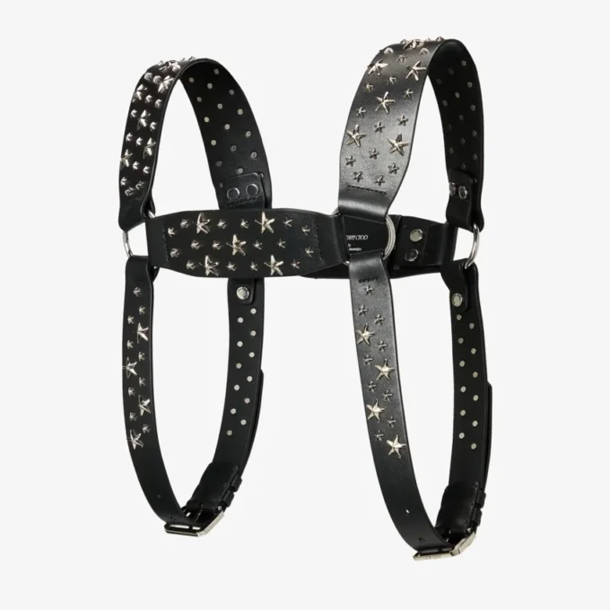 Jimmy Choo Noir Kei Ninomiya All Stars Harness Imbracatura in pelle di vitello liscia nera con  decorazioni metalliche a forma di stelle multiple
