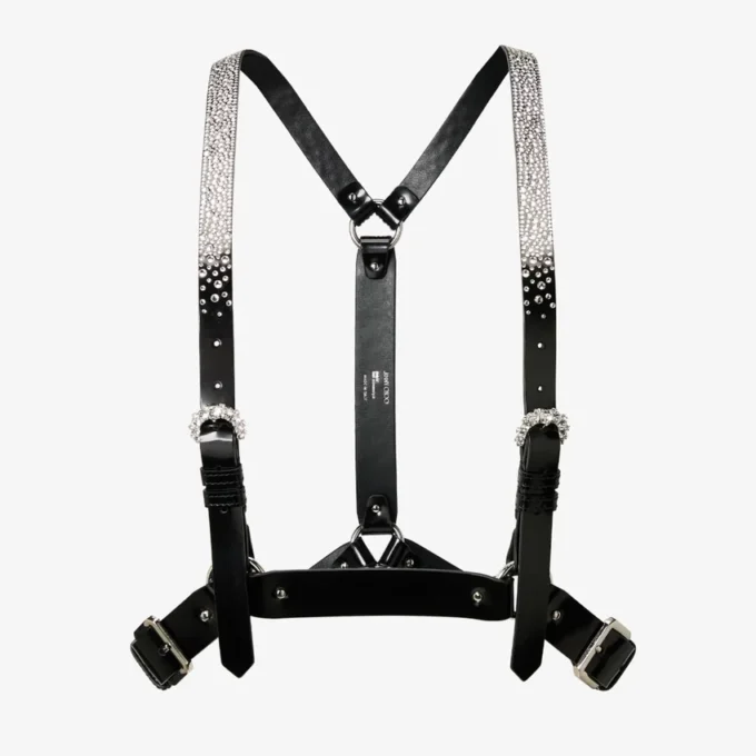 Jimmy Choo Noir Kei Ninomiya Crystals Harness Imbracatura in pelle nera lucida con decorazioni in cristallo applicate a caldo