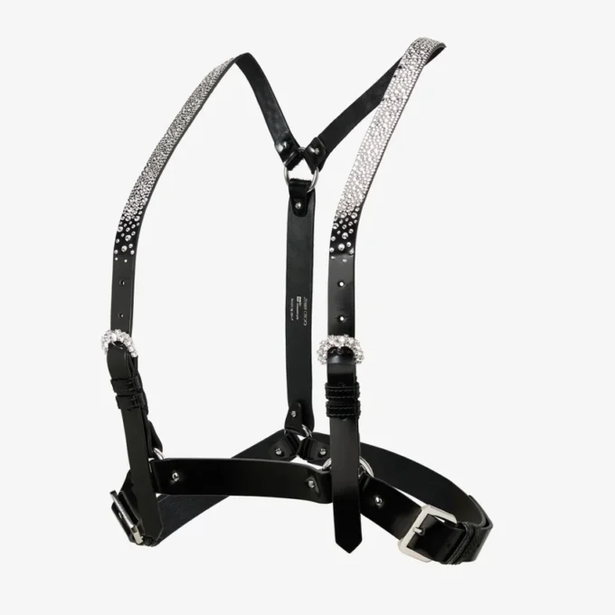 Jimmy Choo Noir Kei Ninomiya Crystals Harness Imbracatura in pelle nera lucida con decorazioni in cristallo applicate a caldo