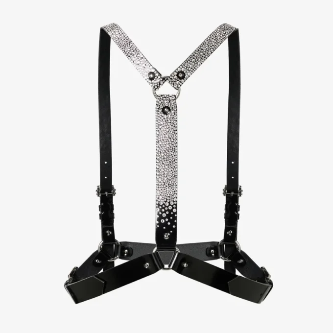 Jimmy Choo Noir Kei Ninomiya Crystals Harness Imbracatura in pelle nera lucida con decorazioni in cristallo applicate a caldo