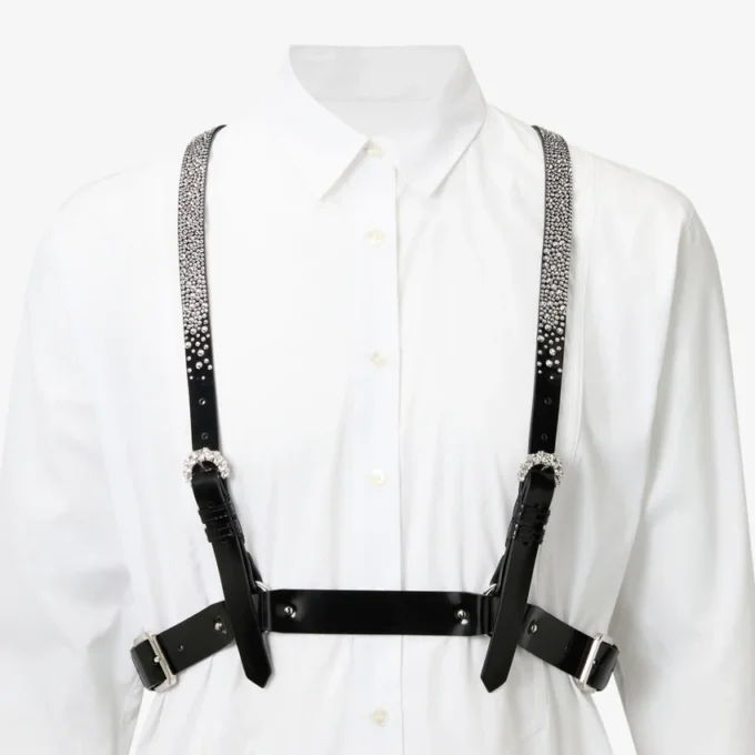 Jimmy Choo Noir Kei Ninomiya Crystals Harness Imbracatura in pelle nera lucida con decorazioni in cristallo applicate a caldo