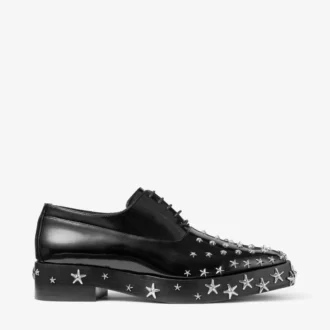Jimmy Choo Noir Kei Ninomiya Star Shoe Scarpe stringate in pelle di vitello lucida nera con decorazioni a stella