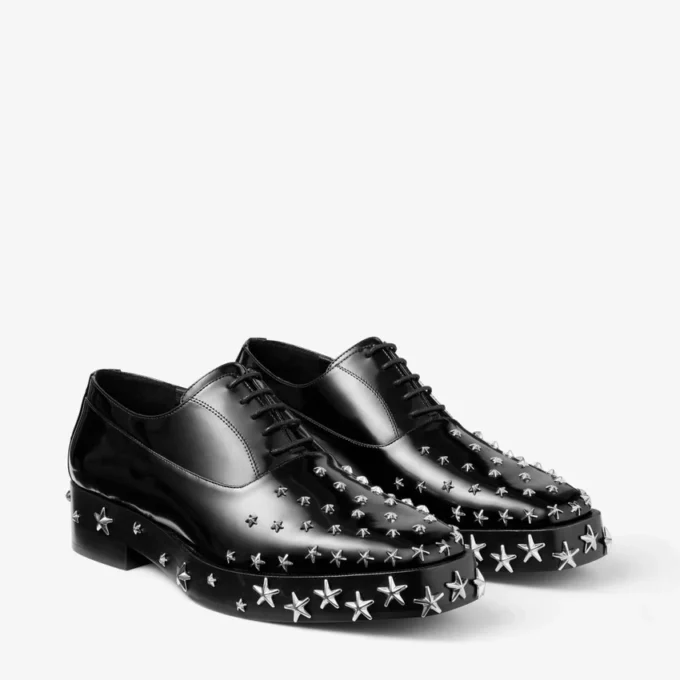 Jimmy Choo Noir Kei Ninomiya Star Shoe Scarpe stringate in pelle di vitello lucida nera con decorazioni a stella