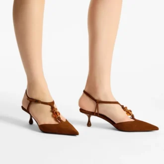 Lauri 50 Slingback in pelle scamosciata color cuoio con perline