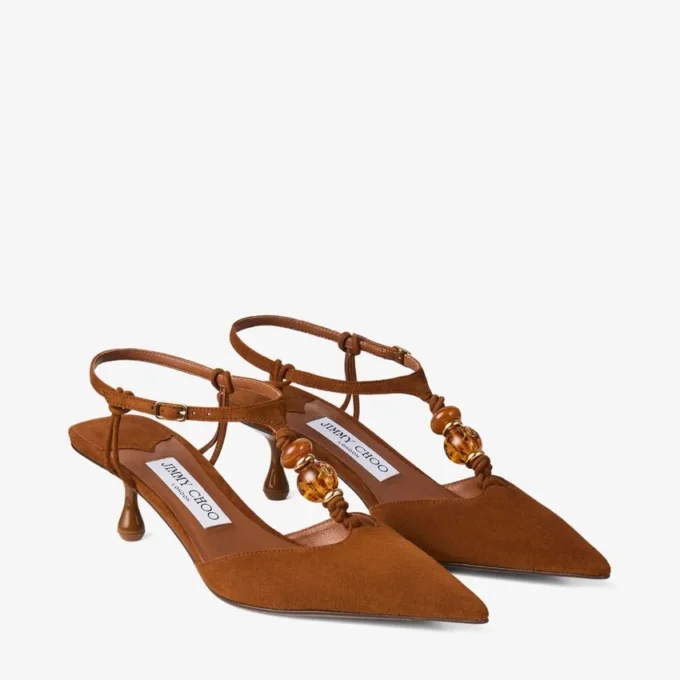 Lauri 50 Slingback in pelle scamosciata color cuoio con perline