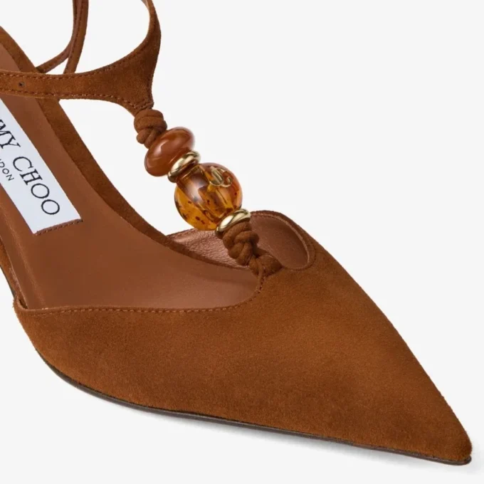 Lauri 50 Slingback in pelle scamosciata color cuoio con perline