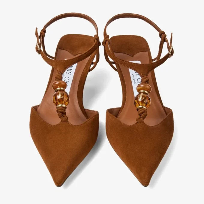 Lauri 50 Slingback in pelle scamosciata color cuoio con perline