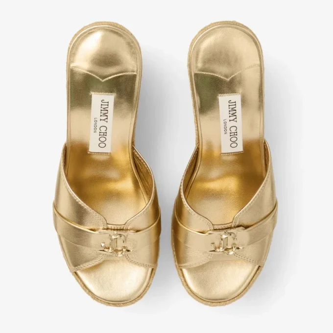 Leda Wedge 100 Mule con zeppa in pelle nappa metallizzata dorata Leda Wedge 100 Mule con zeppa in pelle nappa metallizzata dorata