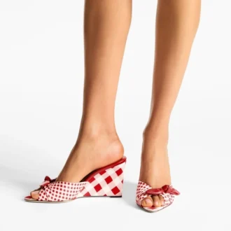 Livi Wedge 85: sabot con zeppa in cotone a quadretti misti rosso rubino con fiocco a quadretti