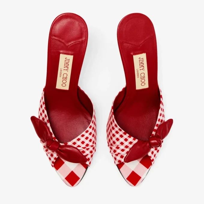 Livi Wedge 85: sabot con zeppa in cotone a quadretti misti rosso rubino con fiocco a quadretti Livi Wedge 85: sabot con zeppa in cotone a quadretti misti rosso rubino con fiocco a quadretti