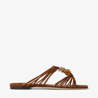 Lova Mule Flat Ballerine in pelle scamosciata color cuoio con perline