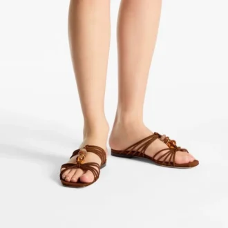 Lova Mule Flat Ballerine in pelle scamosciata color cuoio con perline