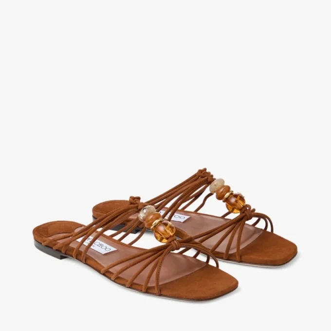 Lova Mule Flat Ballerine in pelle scamosciata color cuoio con perline Lova Mule Flat Ballerine in pelle scamosciata color cuoio con perline