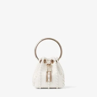 Micro Bon Bon Mini Borsa in Raso Avorio con Perle su Tutta la Superficie Micro Bon Bon Mini Borsa in Raso Avorio con Perle su Tutta la Superficie