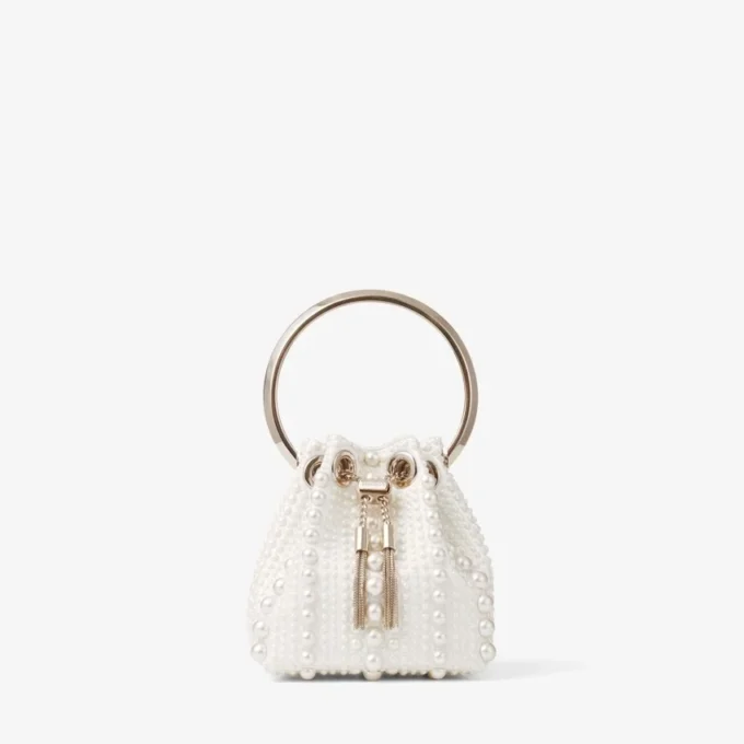 Micro Bon Bon Mini Borsa in Raso Avorio con Perle su Tutta la Superficie Micro Bon Bon Mini Borsa in Raso Avorio con Perle su Tutta la Superficie