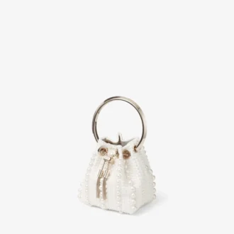 Micro Bon Bon Mini Borsa in Raso Avorio con Perle su Tutta la Superficie Micro Bon Bon Mini Borsa in Raso Avorio con Perle su Tutta la Superficie
