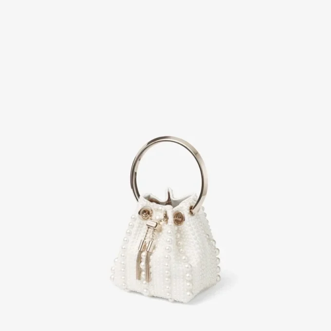 Micro Bon Bon Mini Borsa in Raso Avorio con Perle su Tutta la Superficie Micro Bon Bon Mini Borsa in Raso Avorio con Perle su Tutta la Superficie