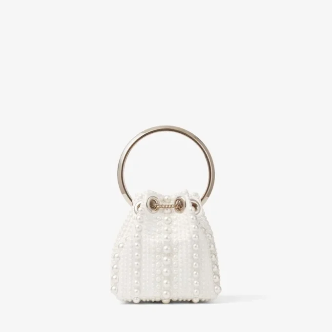 Micro Bon Bon Mini Borsa in Raso Avorio con Perle su Tutta la Superficie Micro Bon Bon Mini Borsa in Raso Avorio con Perle su Tutta la Superficie