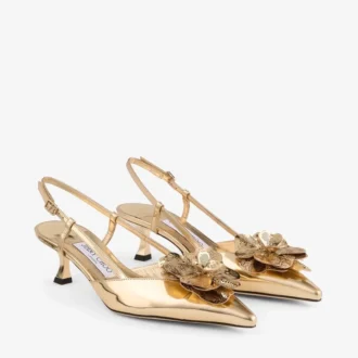Mimmi Sling Back 50 Sandali con cinturino posteriore in pelle Liquid Metal dorata con corsage traforato jimmy choo Mimmi Sling Back 50 Sandali con cinturino posteriore in pelle Liquid Metal dorata con corsage traforato jimmy choo