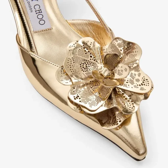 Mimmi Sling Back 50 Sandali con cinturino posteriore in pelle Liquid Metal dorata con corsage traforato jimmy choo Mimmi Sling Back 50 Sandali con cinturino posteriore in pelle Liquid Metal dorata con corsage traforato jimmy choo