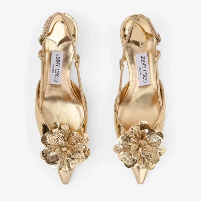 Mimmi Sling Back 50 Sandali con cinturino posteriore in pelle Liquid Metal dorata con corsage traforato jimmy choo Mimmi Sling Back 50 Sandali con cinturino posteriore in pelle Liquid Metal dorata con corsage traforato jimmy choo
