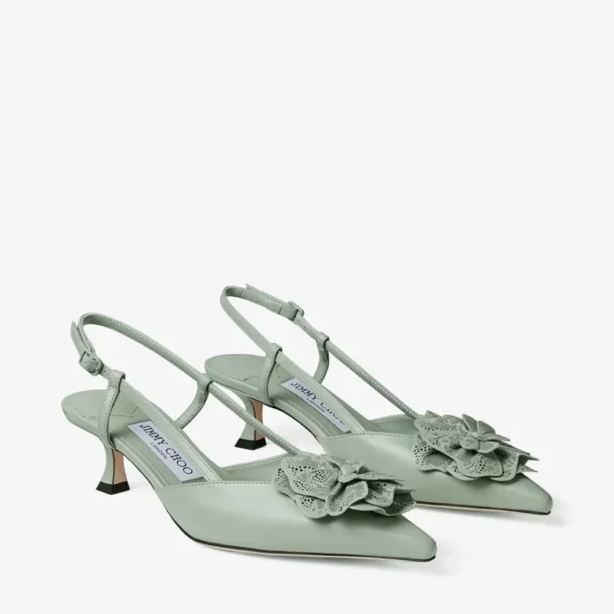 Mimmi Sling Back 50 Verde: sandali con cinturino posteriore in nappa lucida con decorazione in pizzo di nappa traforata jimmy choo Mimmi Sling Back 50 Verde: sandali con cinturino posteriore in nappa lucida con decorazione in pizzo di nappa traforata jimmy choo