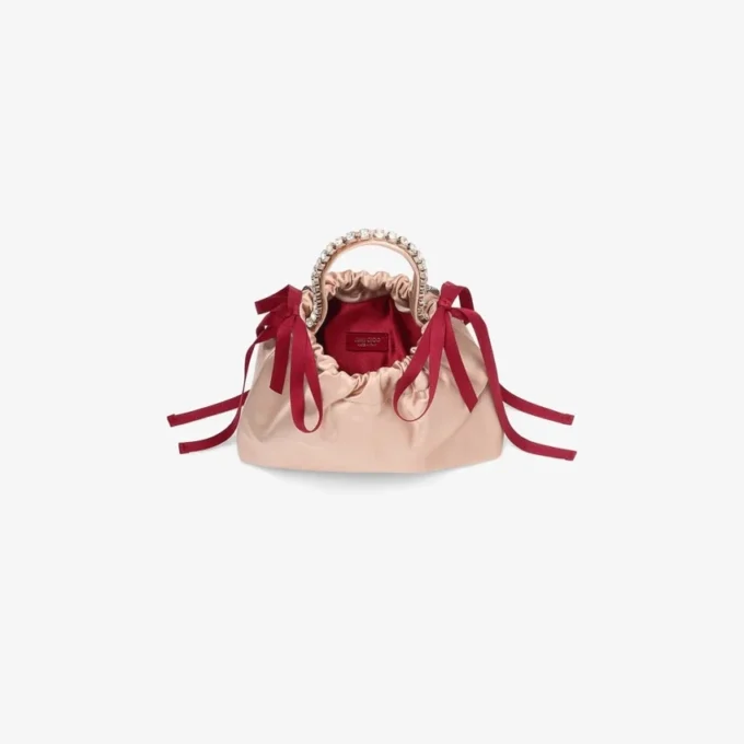 Mini borsa a mano con coulisse Mini borsa a tracolla in raso color macaron e rosso rubino Mini borsa a mano con coulisse Mini borsa a tracolla in raso color macaron e rosso rubino