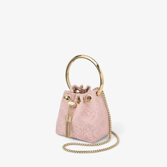 Mini borsa a secchiello in raso rosa Bon Bon e pizzo Jimmy Choo Mini borsa a secchiello in raso rosa Bon Bon e pizzo Jimmy Choo