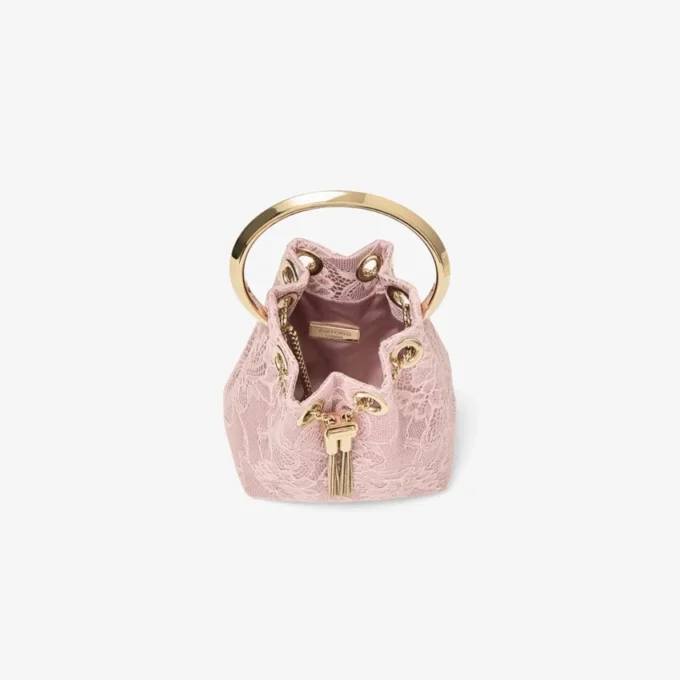 Mini borsa a secchiello in raso rosa Bon Bon e pizzo Jimmy Choo Mini borsa a secchiello in raso rosa Bon Bon e pizzo Jimmy Choo