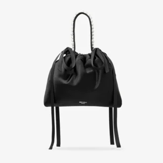 Mini borsa a tracolla in raso nero con manici superiori e coulisse Mini borsa a tracolla in raso nero con manici superiori e coulisse