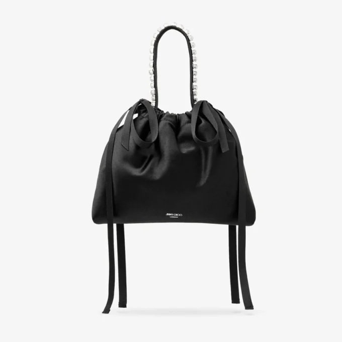 Mini borsa a tracolla in raso nero con manici superiori e coulisse Mini borsa a tracolla in raso nero con manici superiori e coulisse