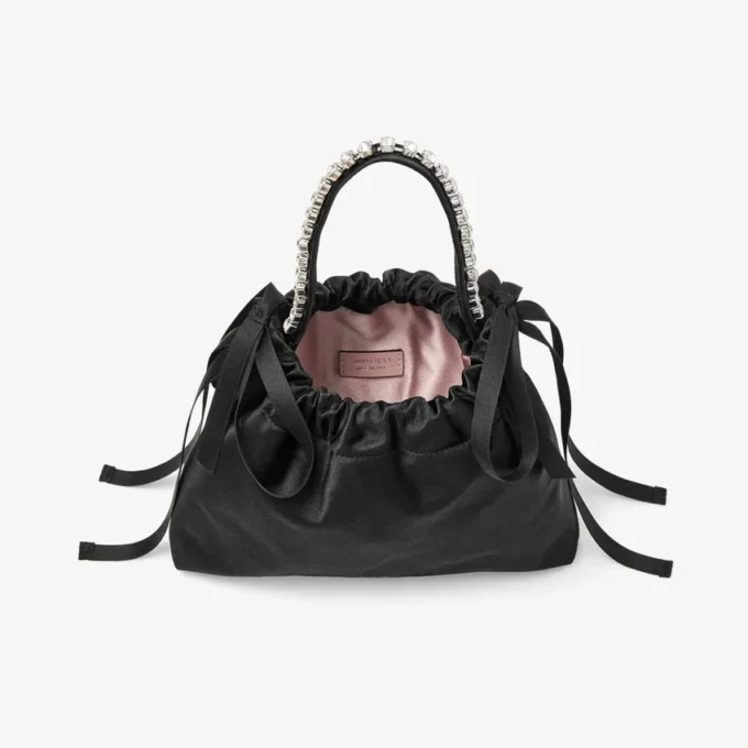 Mini borsa a tracolla in raso nero con manici superiori e coulisse Mini borsa a tracolla in raso nero con manici superiori e coulisse