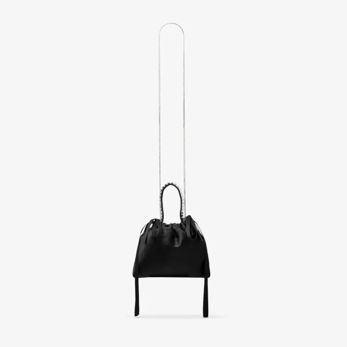 Mini borsa a tracolla in raso nero con manici superiori e coulisse Mini borsa a tracolla in raso nero con manici superiori e coulisse