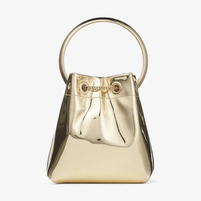 Mini borsa Bon Bon in tessuto a specchio dorato con manico in metallo Mini borsa Bon Bon in tessuto a specchio dorato con manico in metallo