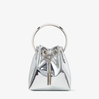 Mini borsa Bon Bon in tessuto argentato a specchio con manico in metallo