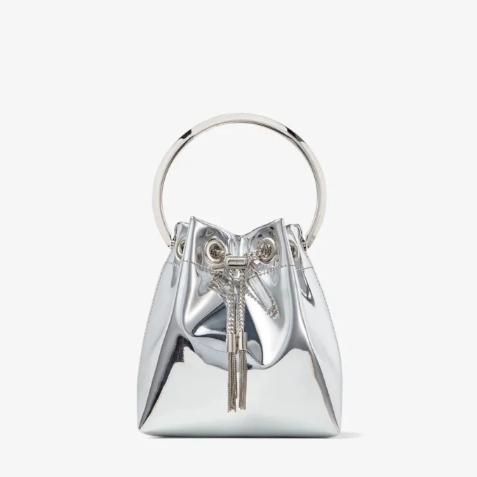 Mini borsa Bon Bon in tessuto argentato a specchio con manico in metallo Mini borsa Bon Bon in tessuto argentato a specchio con manico in metallo