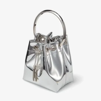 Mini borsa Bon Bon in tessuto argentato a specchio con manico in metallo