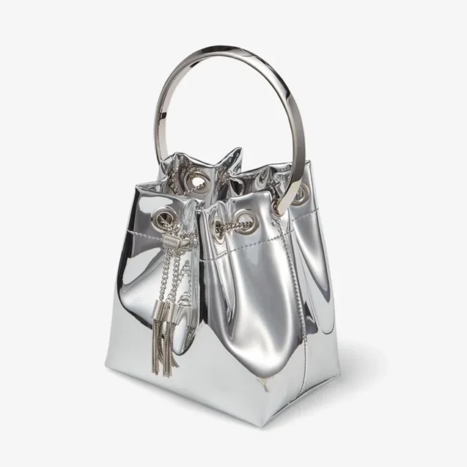 Mini borsa Bon Bon in tessuto argentato a specchio con manico in metallo Mini borsa Bon Bon in tessuto argentato a specchio con manico in metallo