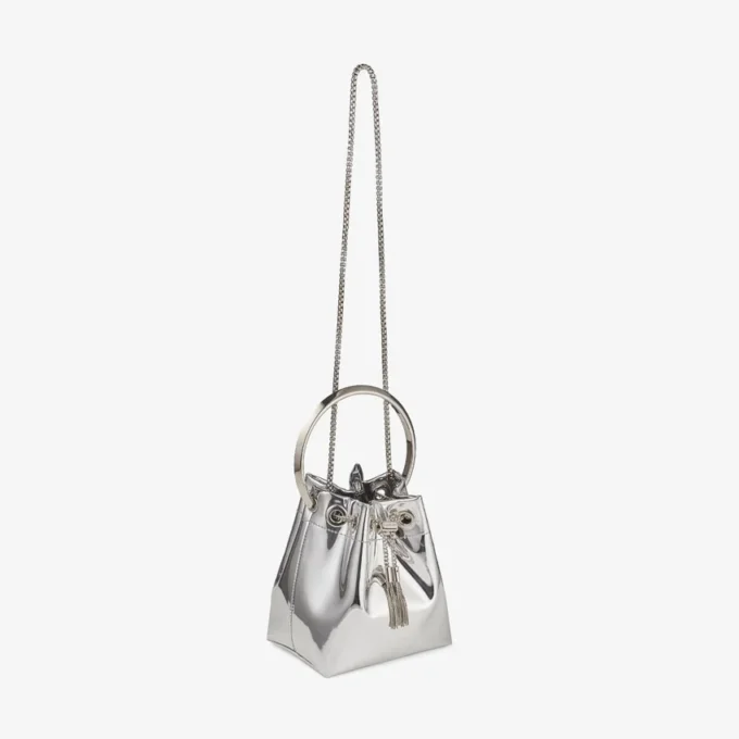 Mini borsa Bon Bon in tessuto argentato a specchio con manico in metallo Mini borsa Bon Bon in tessuto argentato a specchio con manico in metallo