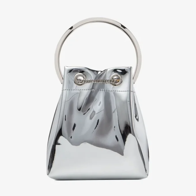 Mini borsa Bon Bon in tessuto argentato a specchio con manico in metallo Mini borsa Bon Bon in tessuto argentato a specchio con manico in metallo