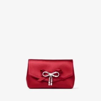 Mini borsa con fiocco morbido in raso rosso rubino con fiocco in cristallo Mini borsa con fiocco morbido in raso rosso rubino con fiocco in cristallo